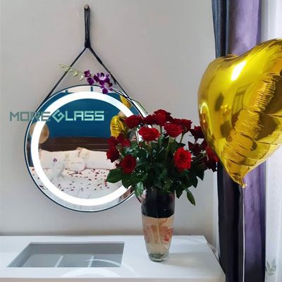 Gương tròn dây da đèn led phòng ngủ đẹp