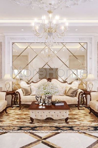 Tường gương ốp phòng khách biệt thự tân cổ điển