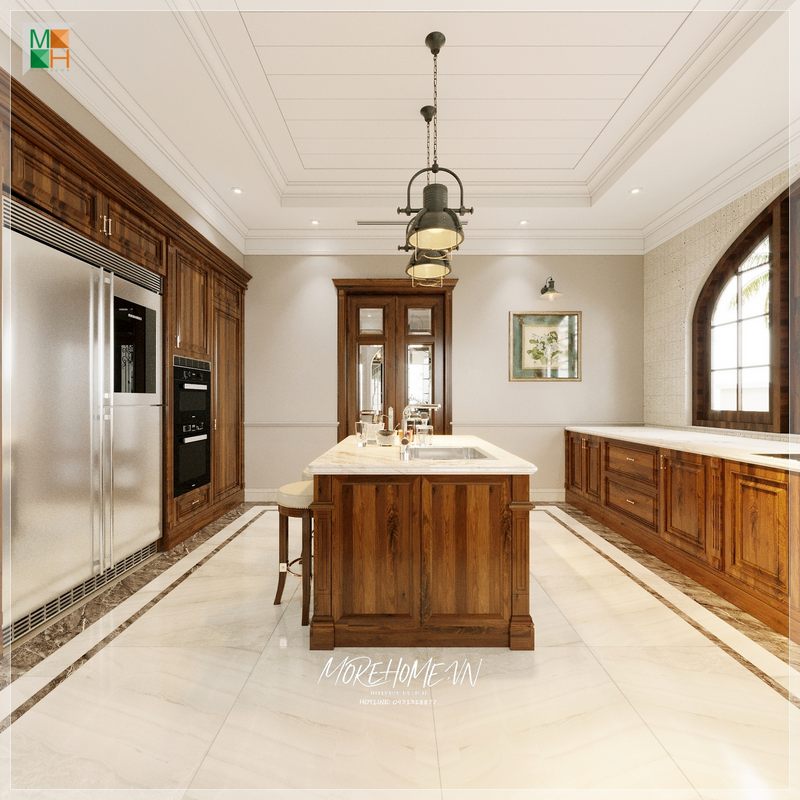 Đá ốp bàn bếp sáng bóng mang lại sự thoáng mát, sạch sẽ, đặc biệt dễ vệ sinh lau chùi sau mỗi lần nấu ăn.